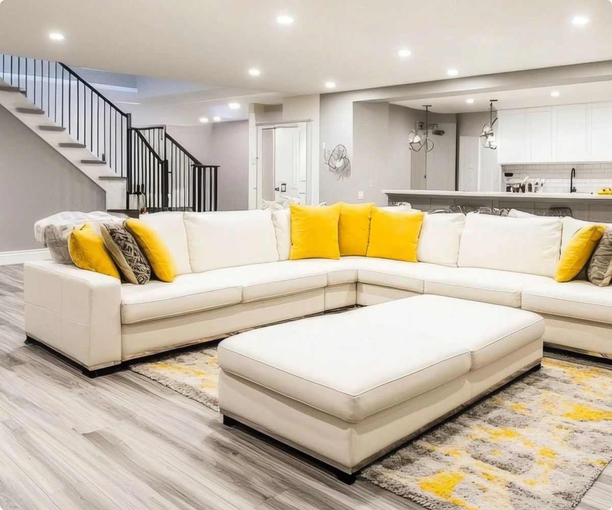 Bright finished basement. Grey floors, white decor, and yellow accent pillows.